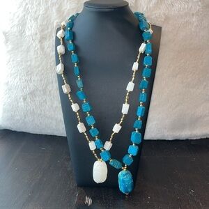 Set of 2 carved Egyptian scarab statement necklaces white and turquoise